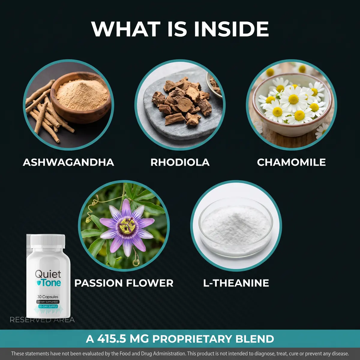 QuietTone ingredients: ashwagandha, rhodiola, chamomile, lemon balm and L-theanine