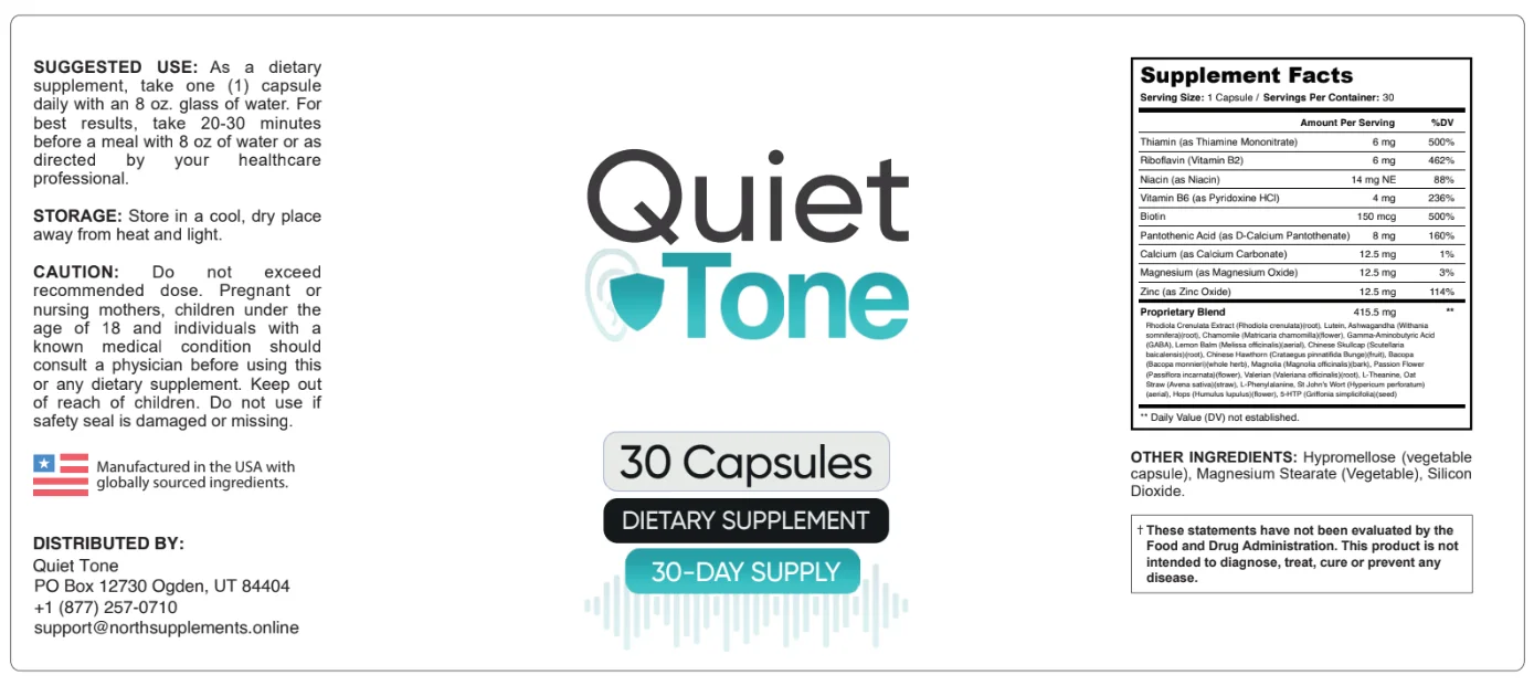 QuietTone Supplement Facts label showing nine vitamins and minerals and the 415.5 mg proprietary blend